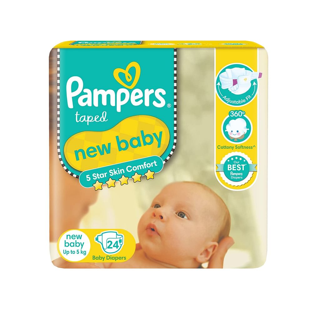 PAMPERS NEW BABY TAPED DIAPERS - SOFT, 12 HOURS ABSORPTION, 5 STAR SKIN COMFORT, UP TO 5 KG, 24 PCS POUCH