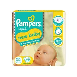 PAMPERS NEW BABY TAPED DIAPERS - SOFT, 12 HOURS ABSORPTION, 5 STAR SKIN COMFORT, UP TO 5 KG, 24 PCS POUCH