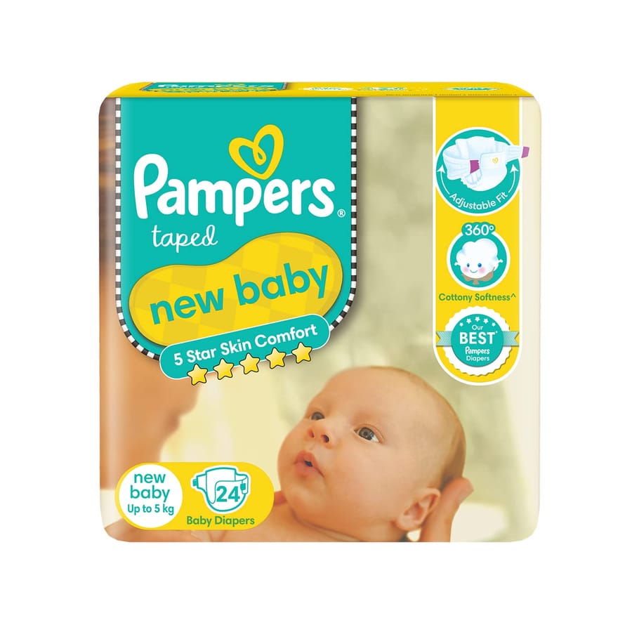 PAMPERS NEW BABY TAPED DIAPERS - SOFT, 12 HOURS ABSORPTION, 5 STAR SKIN COMFORT, UP TO 5 KG, 24 PCS POUCH