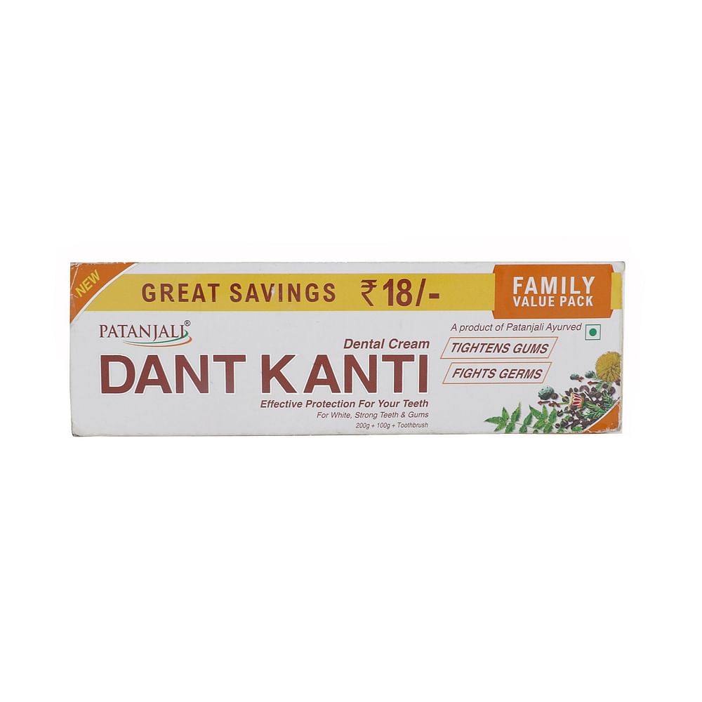 PATANJALI DANT KANTI NATURAL TOOTHPASTE 200 G + 100 G + 1 TOOTHBRUSH