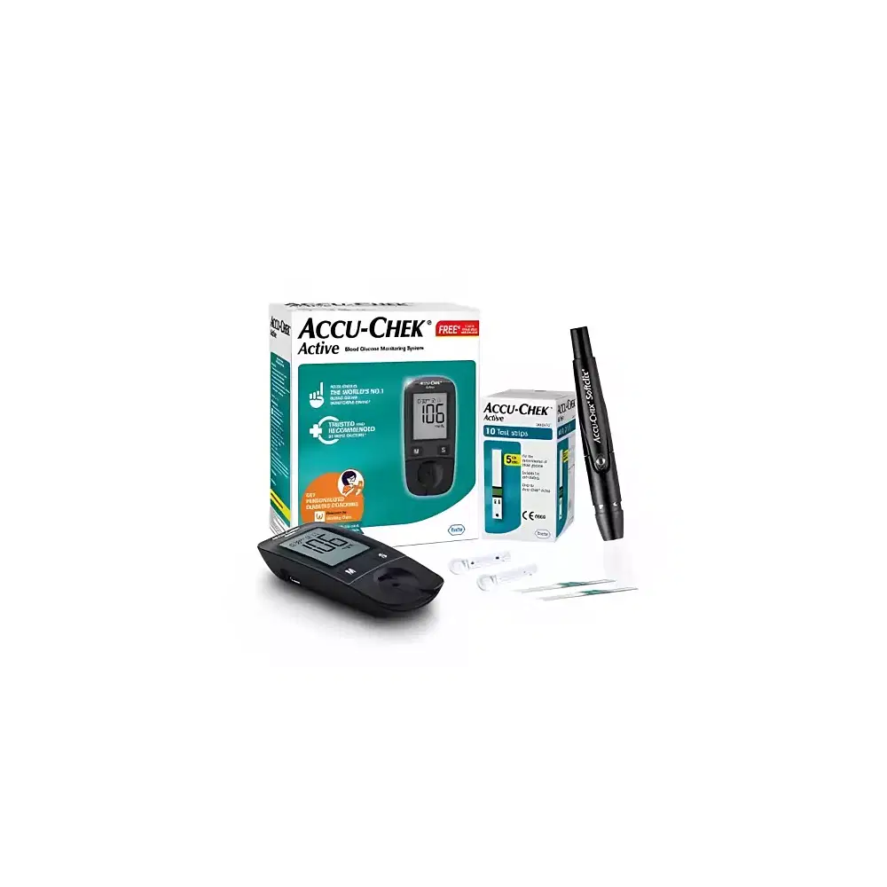 ACCU-CHEK ACTIVE BLOOD GLUCOSE GLUCOMETER KIT WITH VIAL OF 10 STRIPS, 10 LANCETS AND A LANCING DEVICE FREE FOR ACCURATE BLOOD SUGAR TESTING