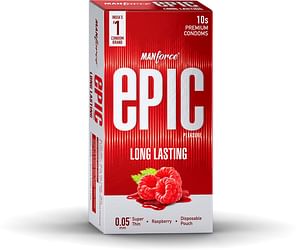 MANFORCE EPIC PLEASURE LONG LASTING SUPER THIN RASPBERRY FLAVOURED PREMIUM CONDOMS WITH DISPOSABLE POUCH- 10 COUNTS