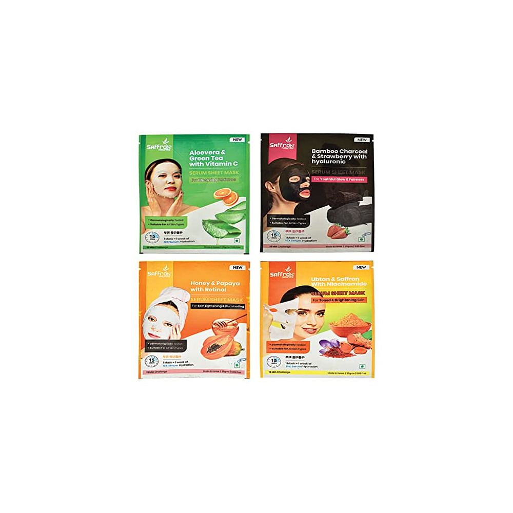 SAFFRON NATURALS ALOEVERA-GREEN TEA, BAMBOO CHARCOAL-STRAWBERRY, HONEY-PAPAYA & UBTAN-SAFFRON SERUM FACE SHEET MASK- COMBO OF 4, 100GMS (25GMS/EACH POUCH)