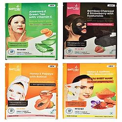 SAFFRON NATURALS ALOEVERA-GREEN TEA, BAMBOO CHARCOAL-STRAWBERRY, HONEY-PAPAYA & UBTAN-SAFFRON SERUM FACE SHEET MASK- COMBO OF 4, 100GMS (25GMS/EACH POUCH)