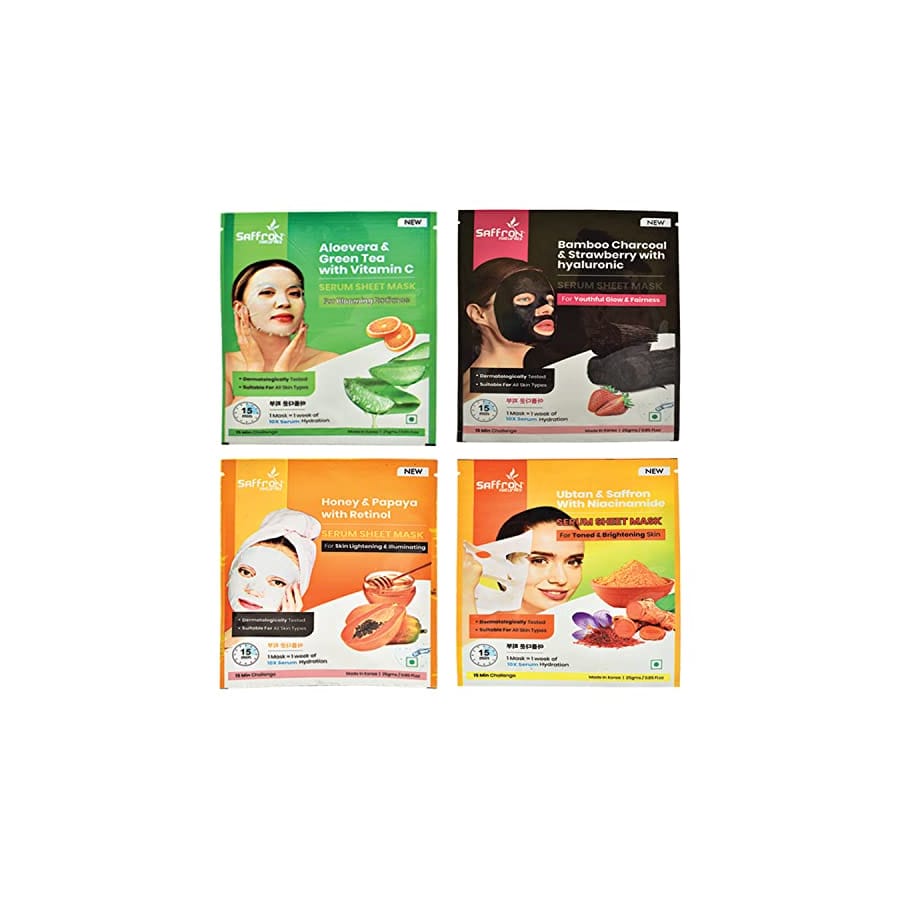 SAFFRON NATURALS ALOEVERA-GREEN TEA, BAMBOO CHARCOAL-STRAWBERRY, HONEY-PAPAYA & UBTAN-SAFFRON SERUM FACE SHEET MASK- COMBO OF 4, 100GMS (25GMS/EACH POUCH)